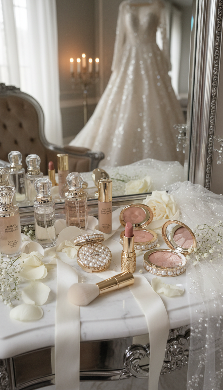 картинка с дорогой косметикой в лакшери свадебном стиле
