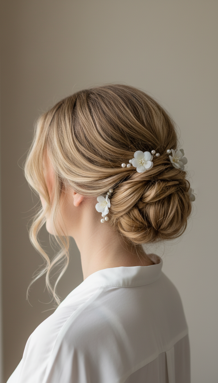 Изображение популярной свадебной прически, соответствующее тематике блока и подходящее по размеру к соседнему изображению справа. Выполнить изображение в портретной ориентации, чтобы оно гармонировало с блоком справа.