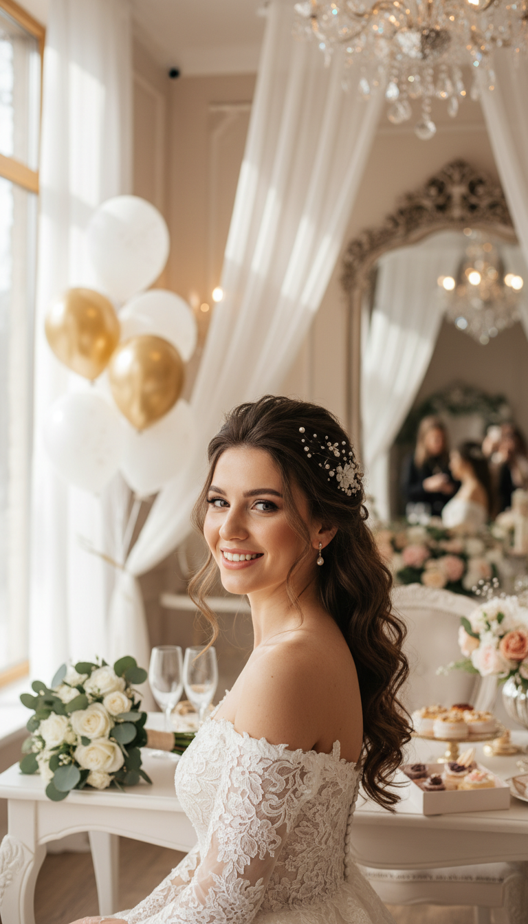 Портрет довольной невесты или клиентки с красивой свадебной прической на фоне салона, яркая свадебная атмосфера