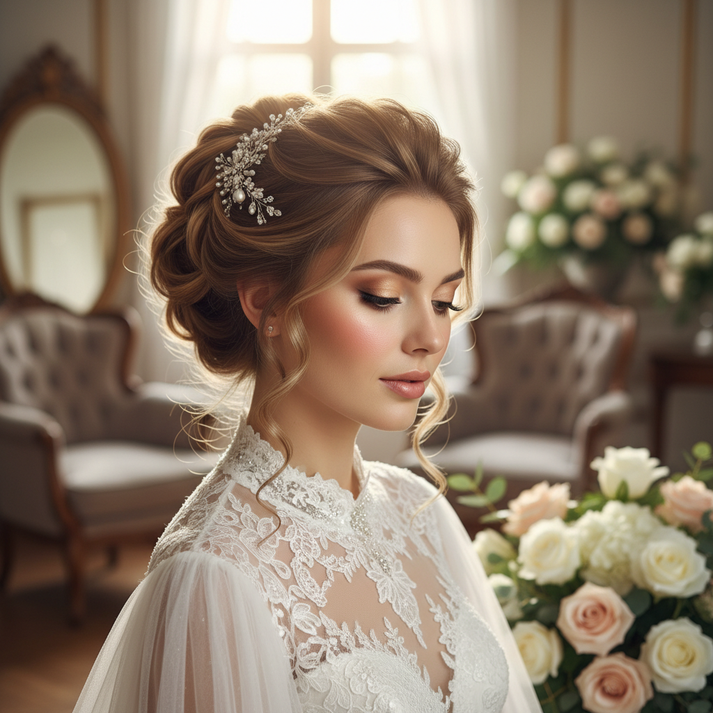 премиум изображение на тему свадебной прически и макияжа невесты, элегантное и роскошное, подходит для сайта свадебного стилиста