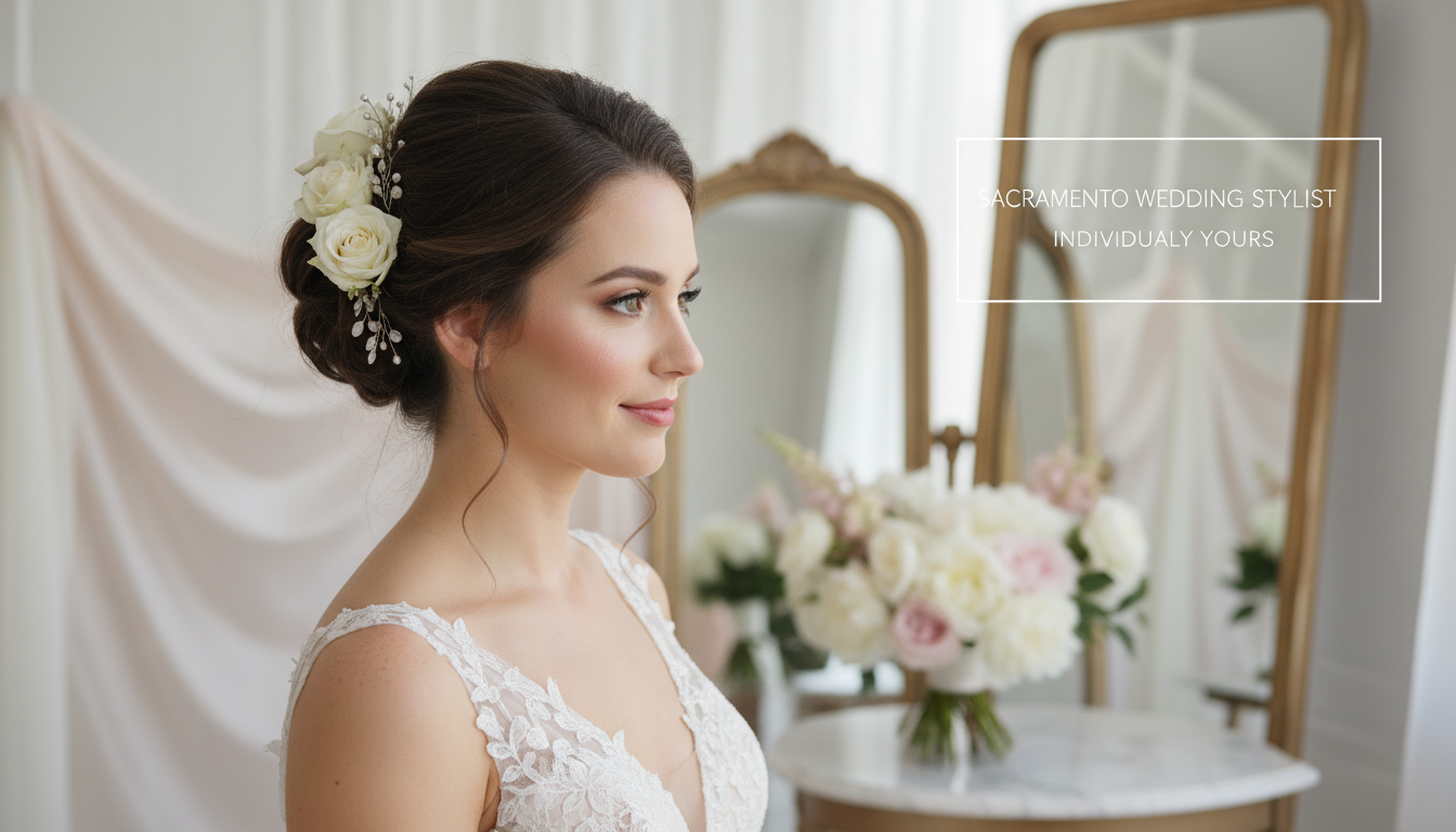 Премиум изображение, идеально соответствующее тематике блока и общей концепции свадебного стилиста премиум-класса в Сакраменто: элегантная свадебная прическа, изысканный макияж, атмосфера роскоши и утончённости, цветовая гамма в светлых и изящных тонах. Стиль должен быть современный и модный, с акцентом на профессионализм и индивидуальный подход.