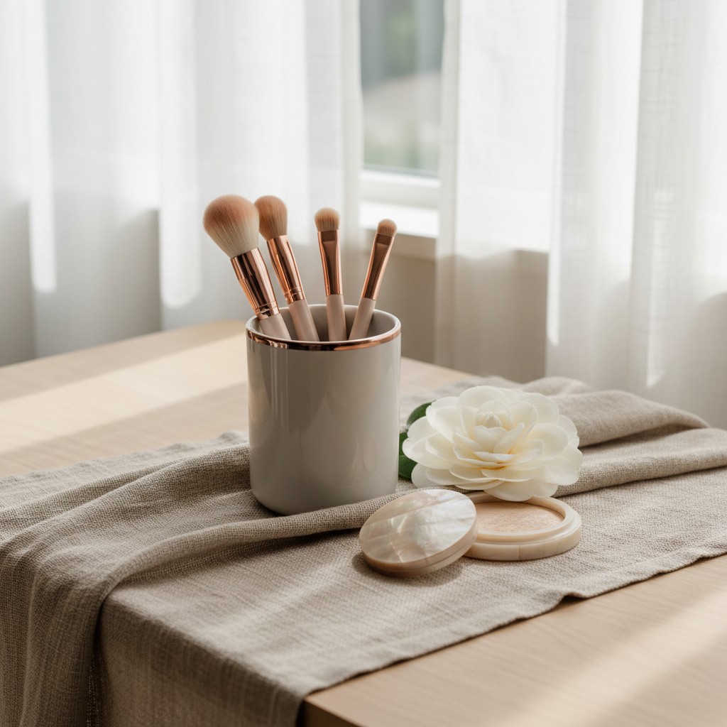 (Russian) Make-up brushes in a cup next to a white rose on a tablecloth against a white window.
