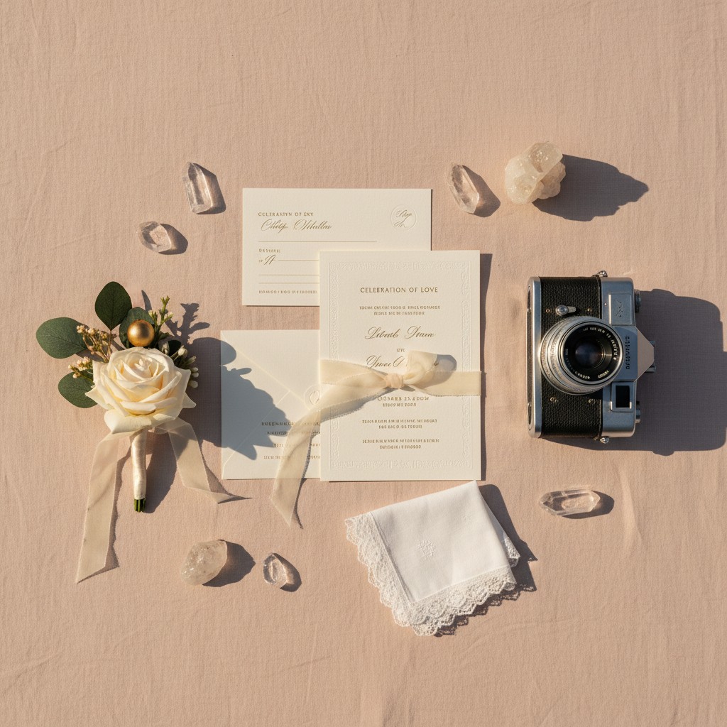 A flat lay of wedding items, including an invitation and a camera.