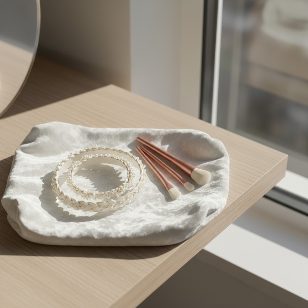 "Table with jewelry and make-up accessories in a natural setting,/bar on slide."