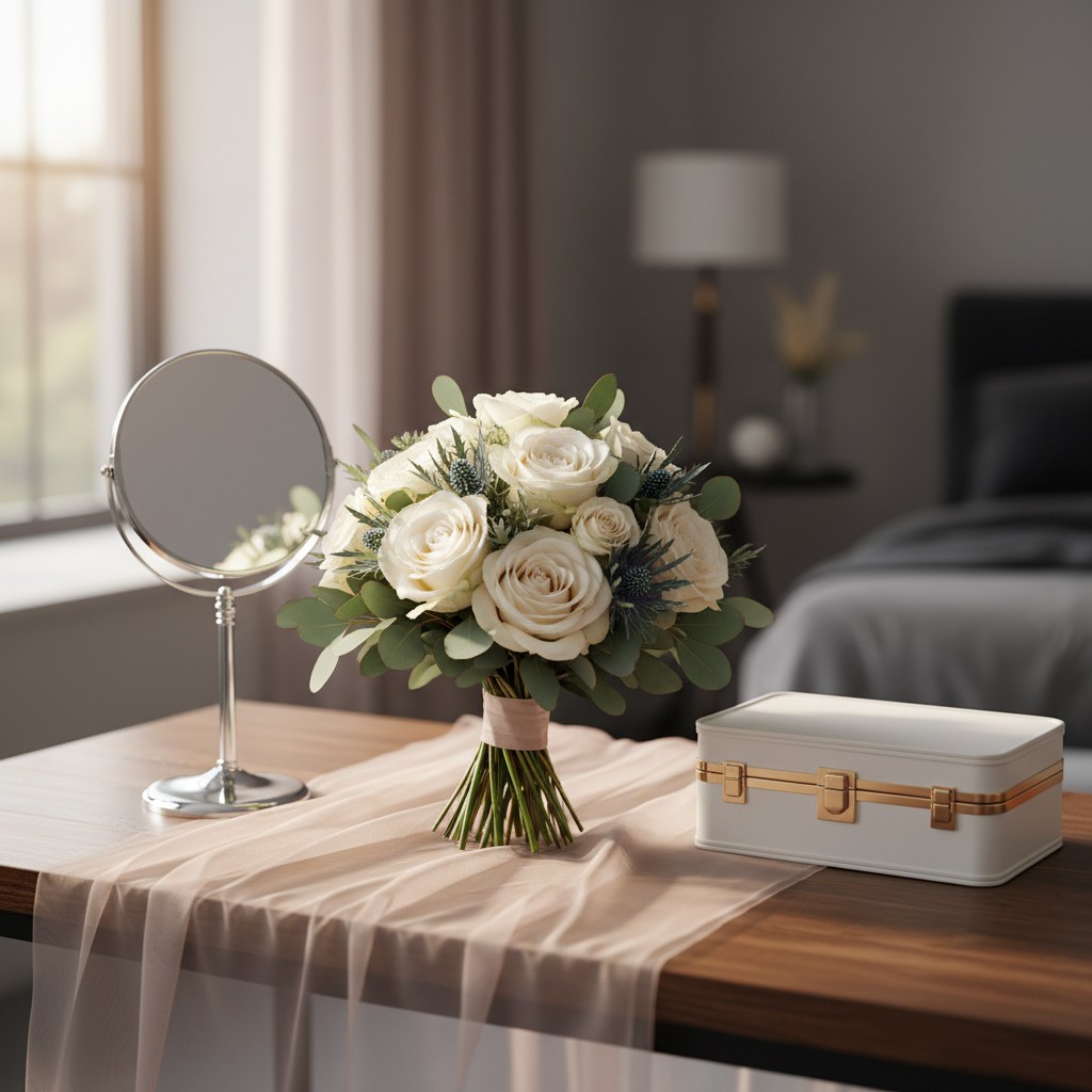 Alt text: a bouquet of white roses, green leaves on a table in front of a mirror in a softly lit bedroom, with a blurred b...