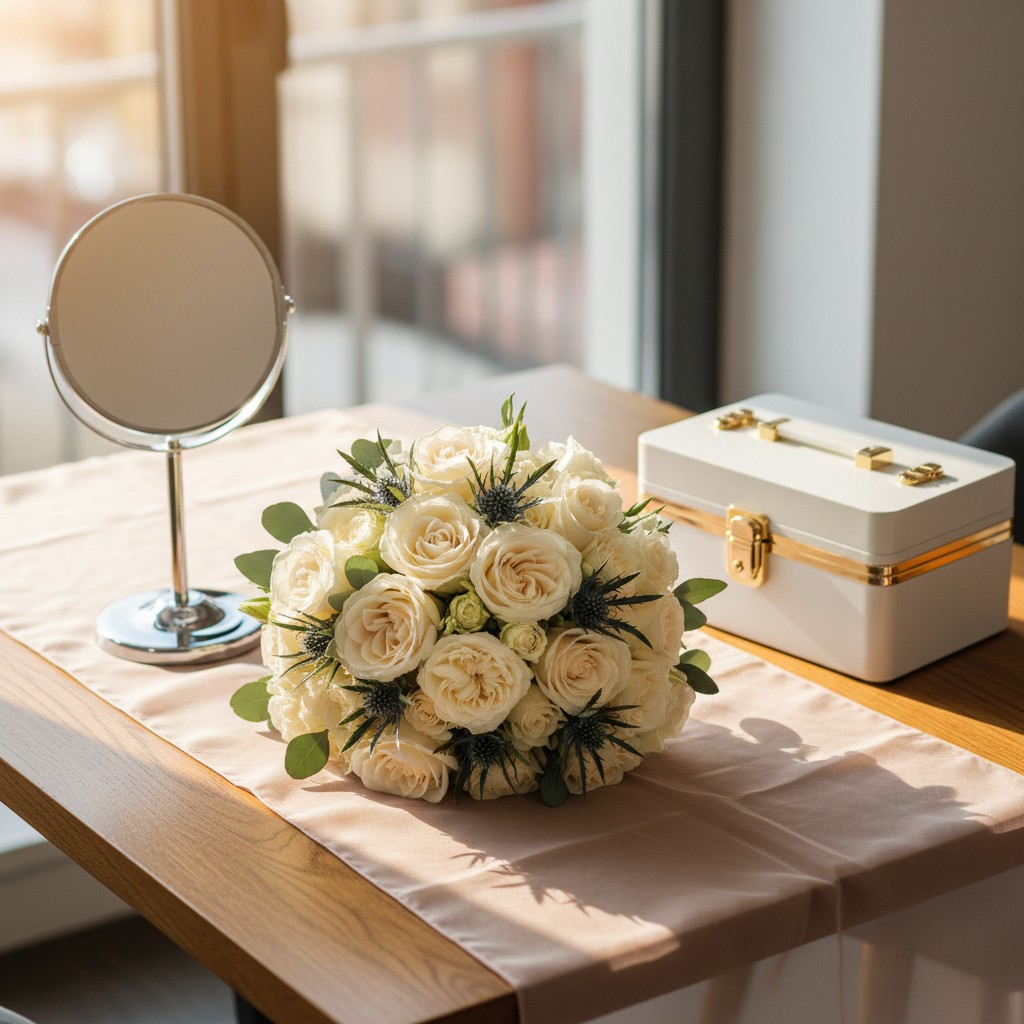 White roses and decorative blue-green thistle flowers placed in the center of a wood table. Metallic circular mirror and p...