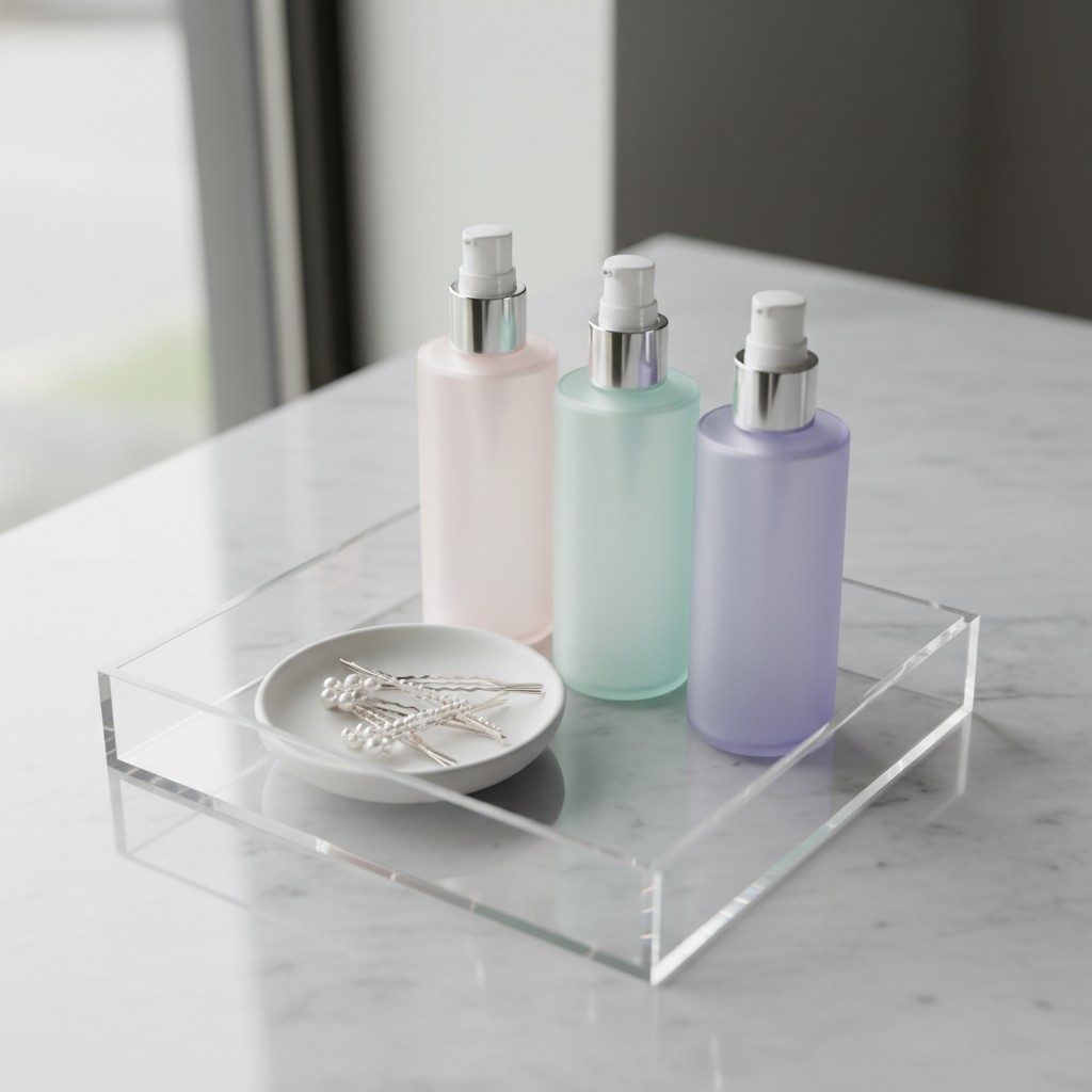 A glass tray with a dish of bobby pins and three small bottles of colored liquid.