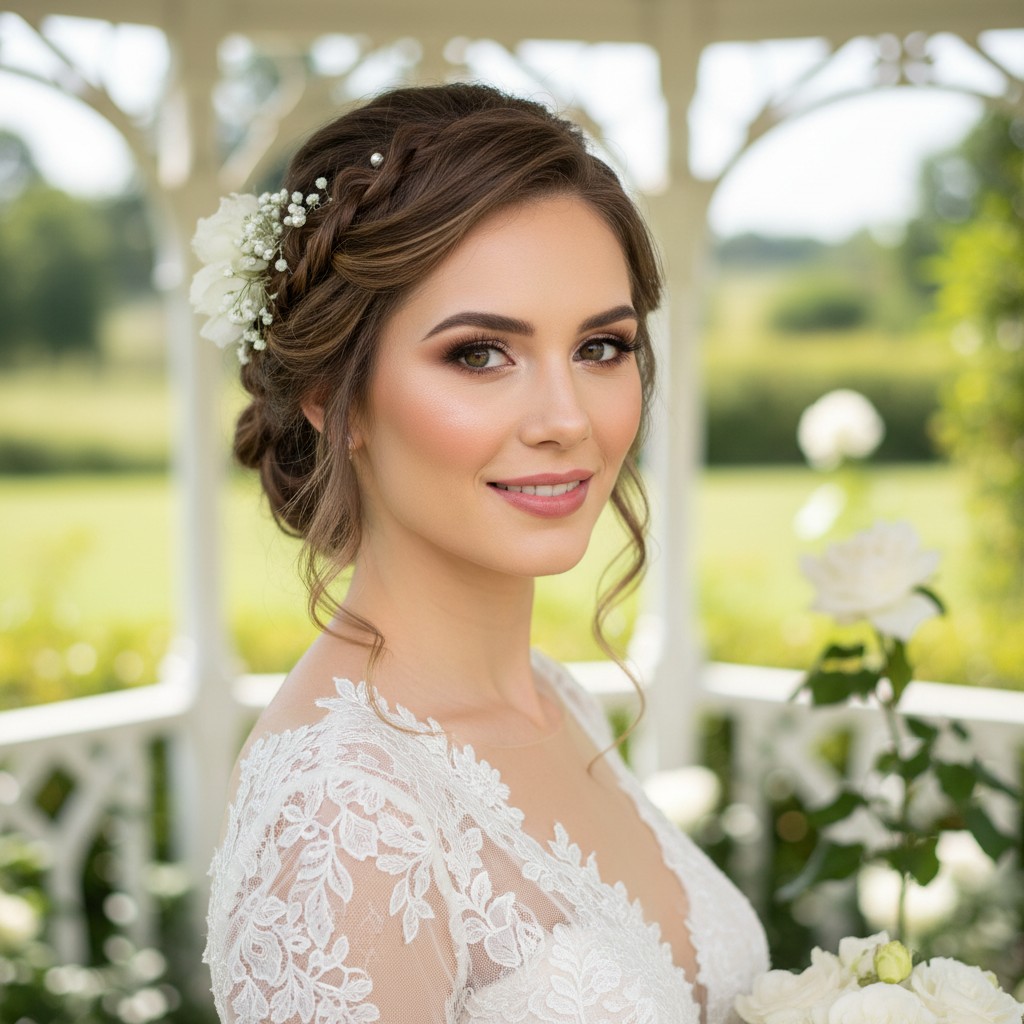 This image shows a young woman, likely a bride, with brown hair bunned at the back and a delicate strand of white flowers ...