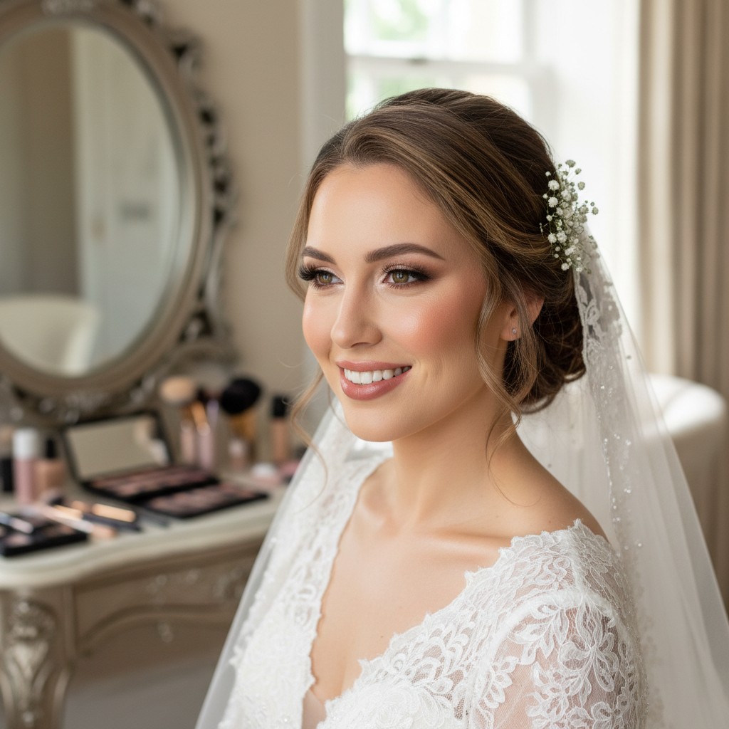The woman pictured appears to be recently married. The woman is a bride who has an updo hairstyle and is wearing a veil an...