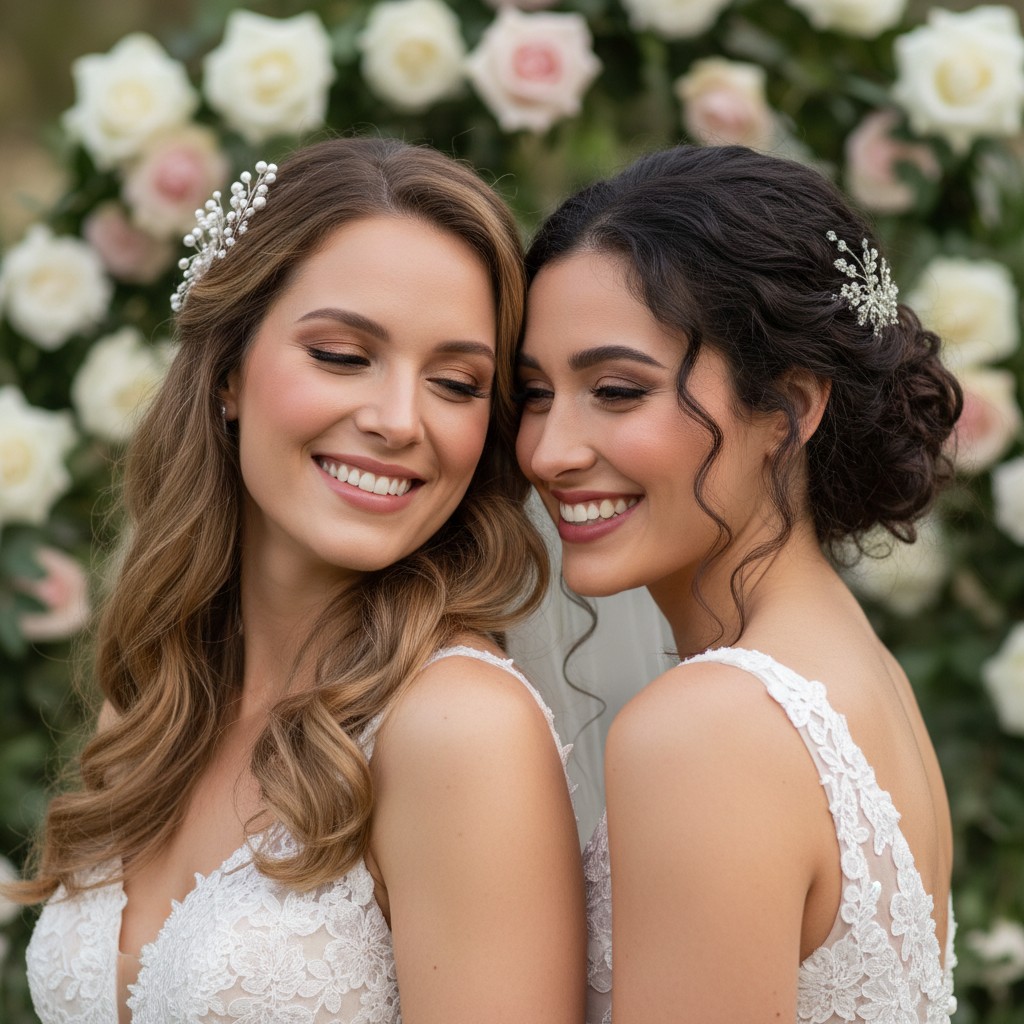 Two young women in white wedding dresses, smiling and touching their heads together, set against a backdrop of large white...