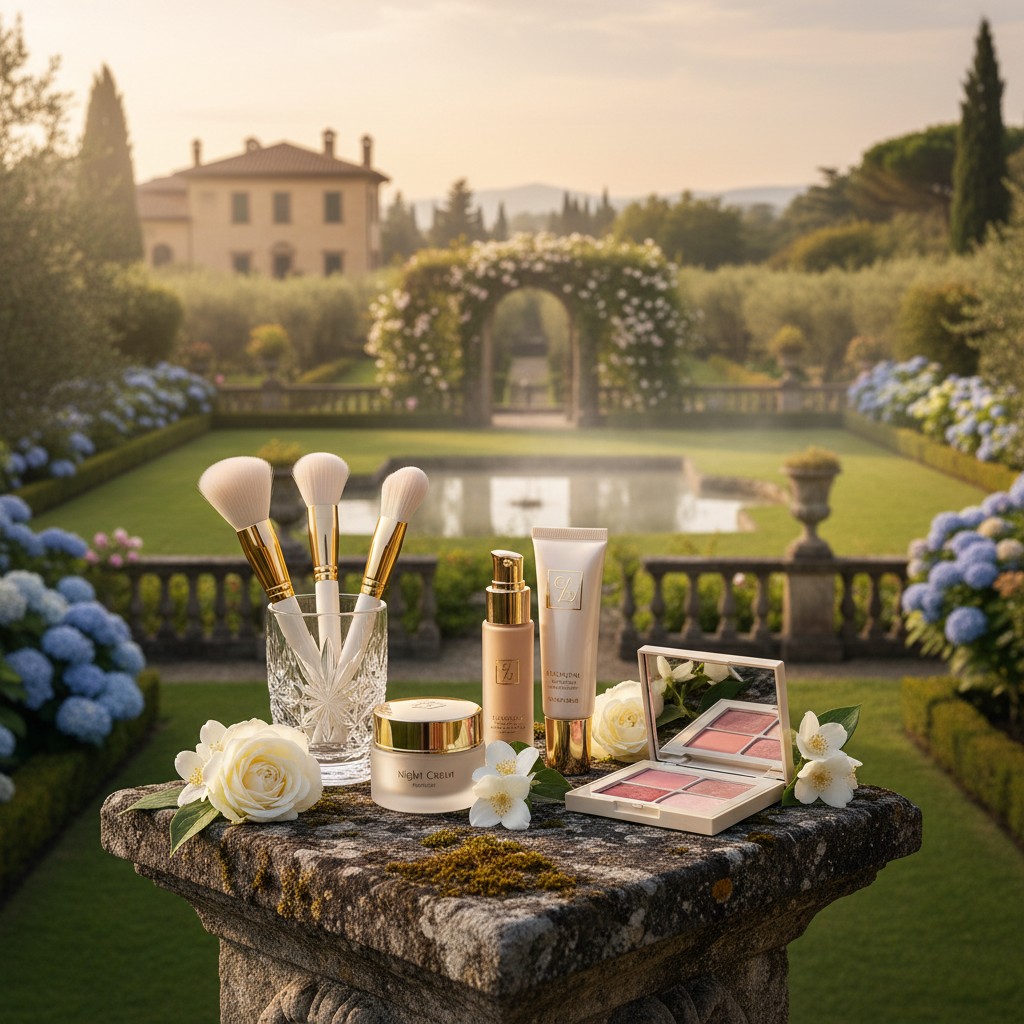 Italian-style cosmetics with flowers in the garden. Cosmetic products on a stone pedestal, a house, a pond, a small bridge...