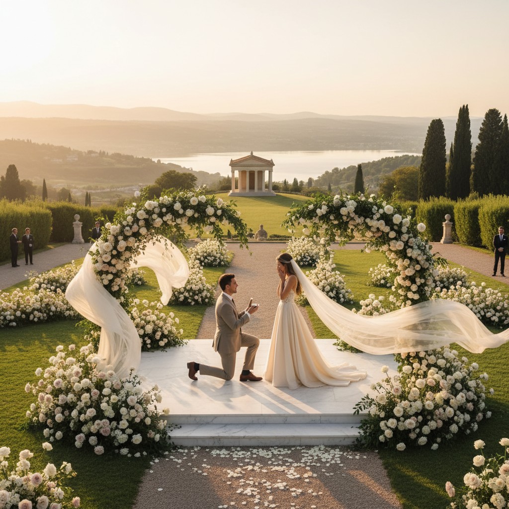 The image shows a man proposing to a woman in a beautiful garden setting. The man is down on one knee while holding a ring...