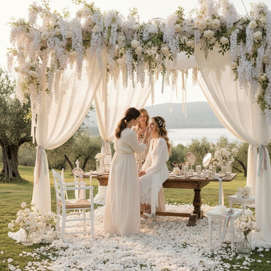 Three women in white dresses in a beautifully decorated outdoor setting, possibly a wedding setting