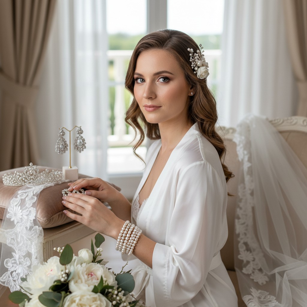 The bride in this image is showing off her extravagant jewelry and accessories.
