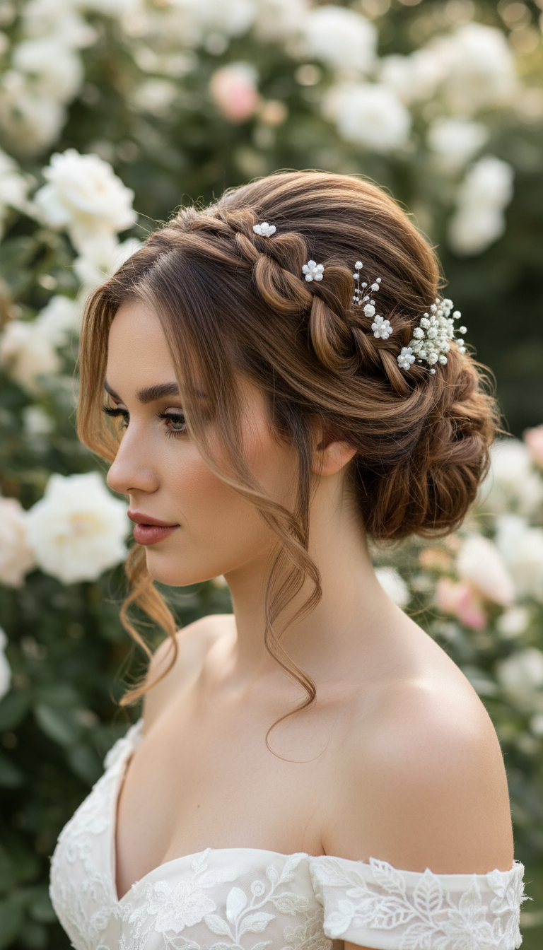 Elegant bridal hairstyle portrait, suitable for a wedding, with a sophisticated and modern look