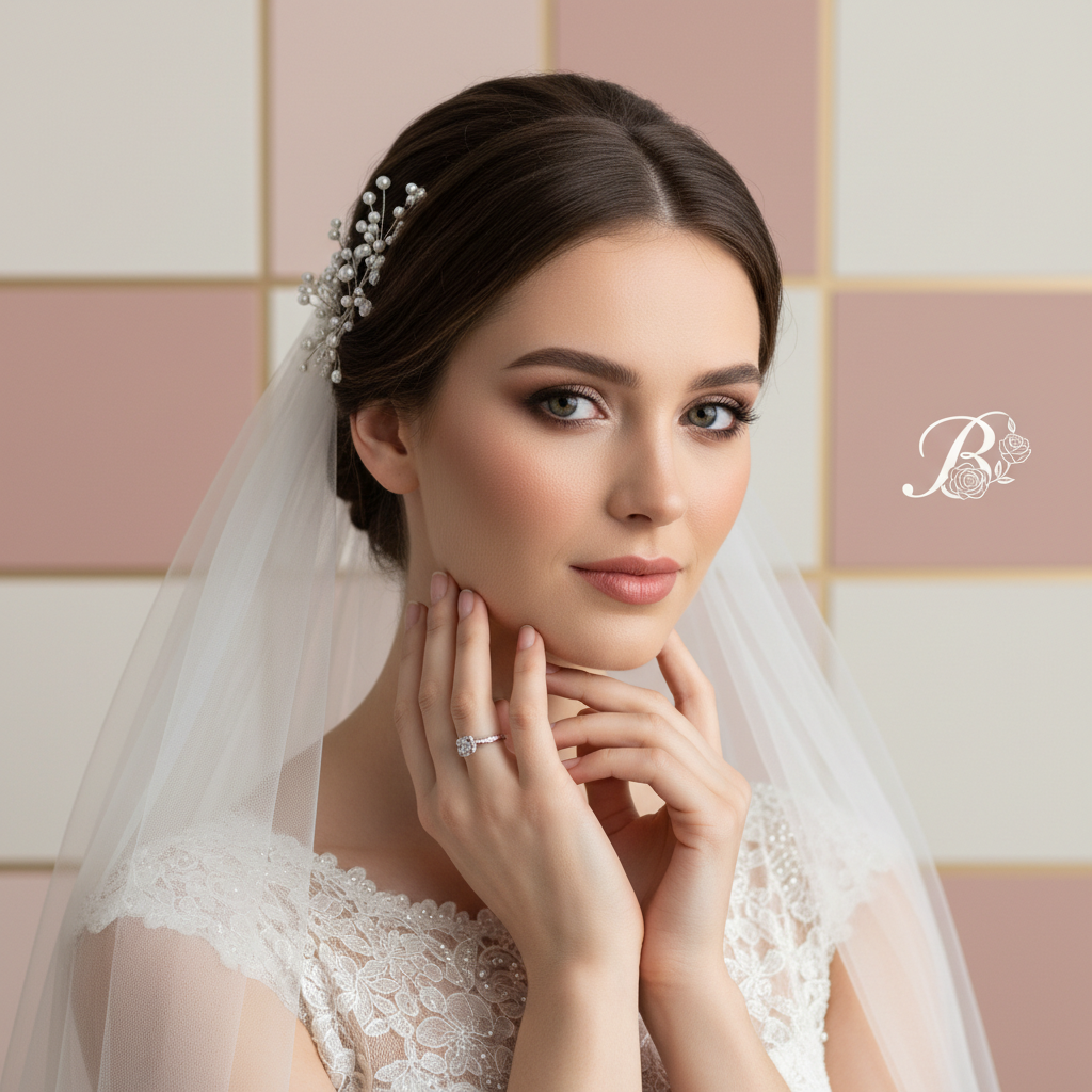 premium bridal beauty photo, luxurious, elegant, fitting for a wedding stylist website, themed for the block