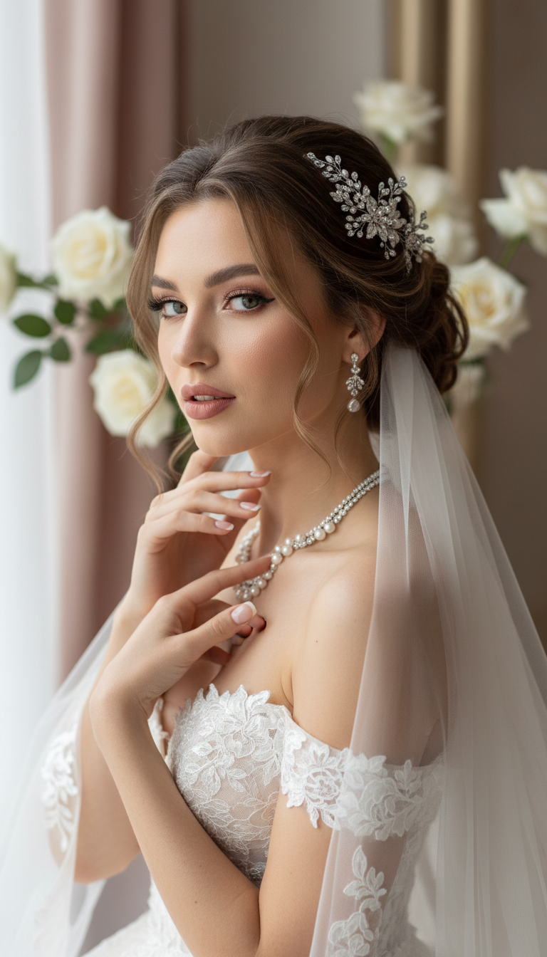 premium bridal beauty portrait, elegant and luxurious, suitable for a bridal stylist website
