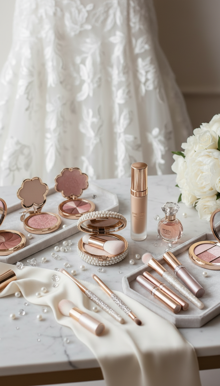 premium bridal makeup products arranged elegantly, emphasizing luxury and wedding style