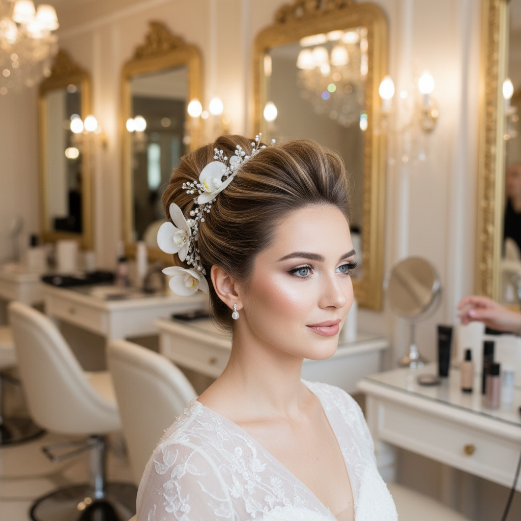 premium, elegant bridal hairstyle and beauty, luxurious salon, suitable for a bridal stylist website, matching the page's theme of premium wedding beauty services